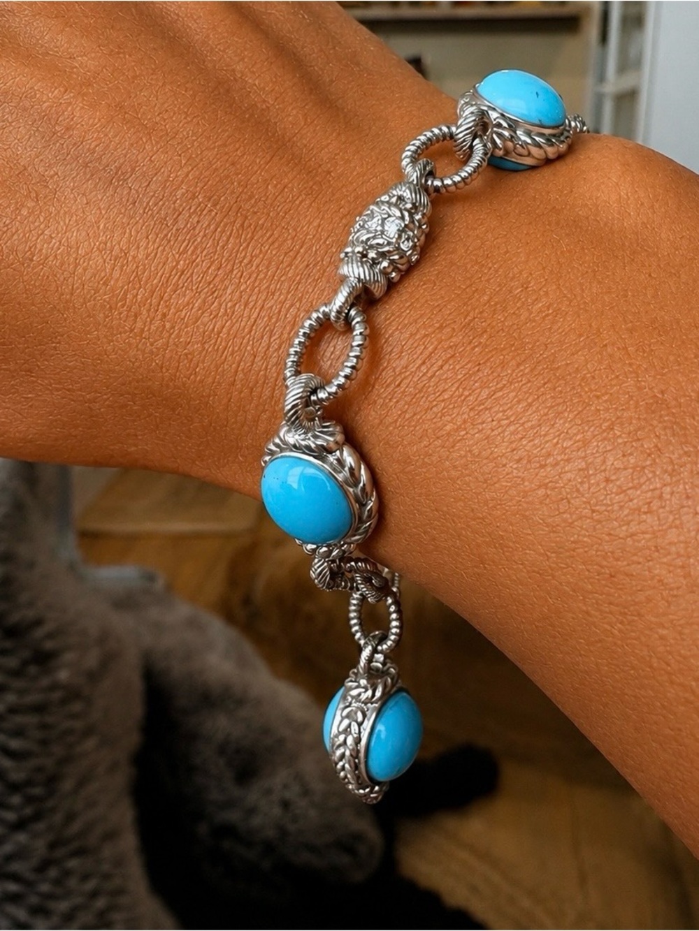 Judith Ripka Sterling Silver 3 Station Turquoise Toggle Bracelet with Charm 33g
